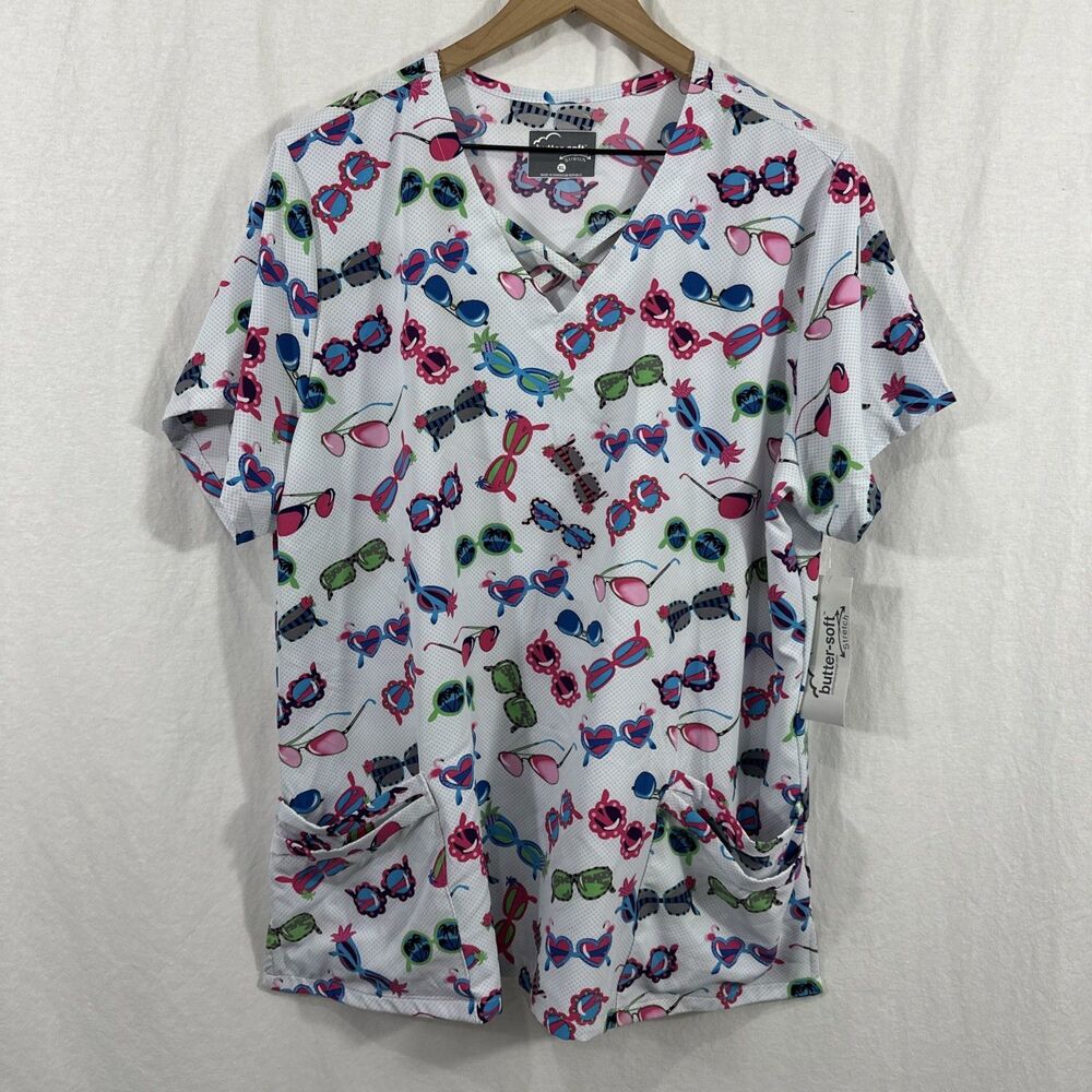 Butter-Soft Stretch Sunglasses Colorful Nurse Scrub Top Womens Sz XL Four Pocket